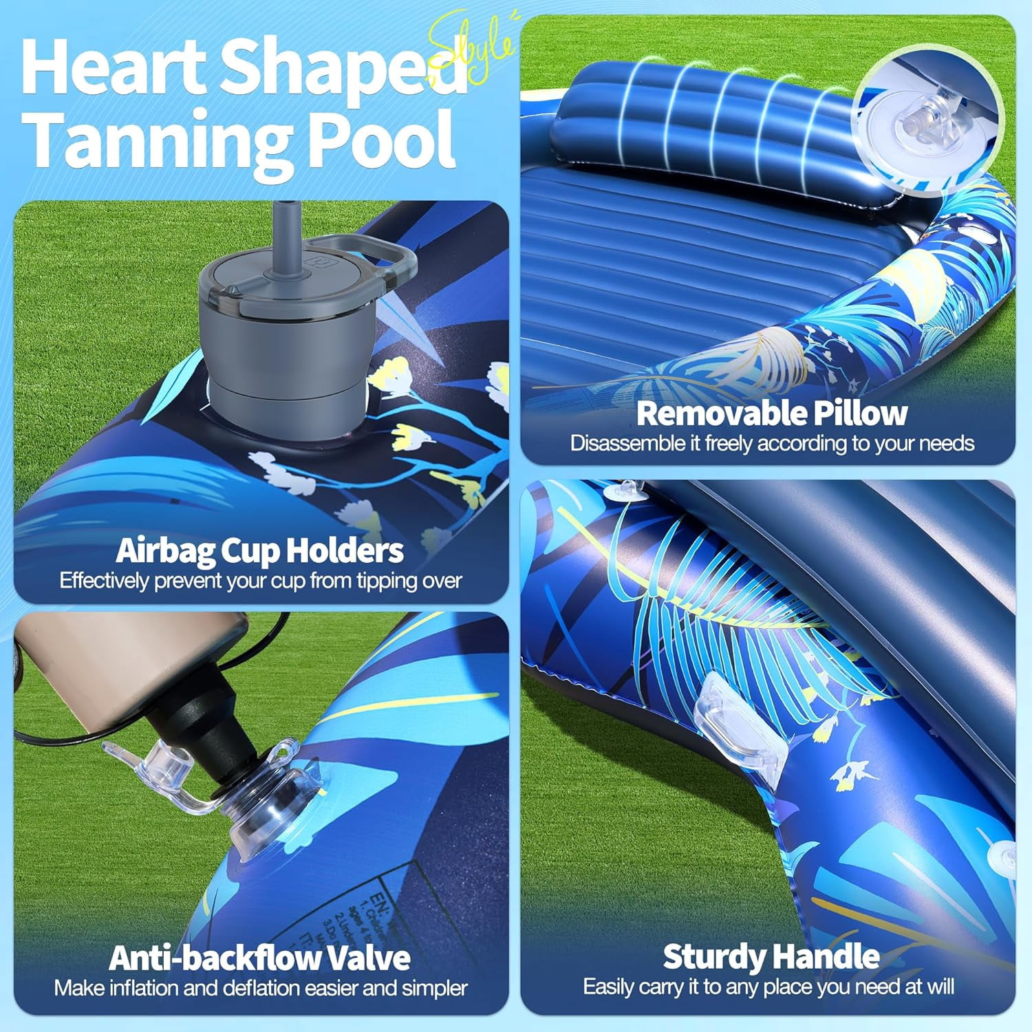 2026 Luxury 2 Person Inflatable Tanning Pool Lounger Float, 90 x 67 Inch Extra Large Inflatable Tanning Bed, Sunbathing Pool with Drink Holders & Handles, Personal Suntan Tub for Backyard