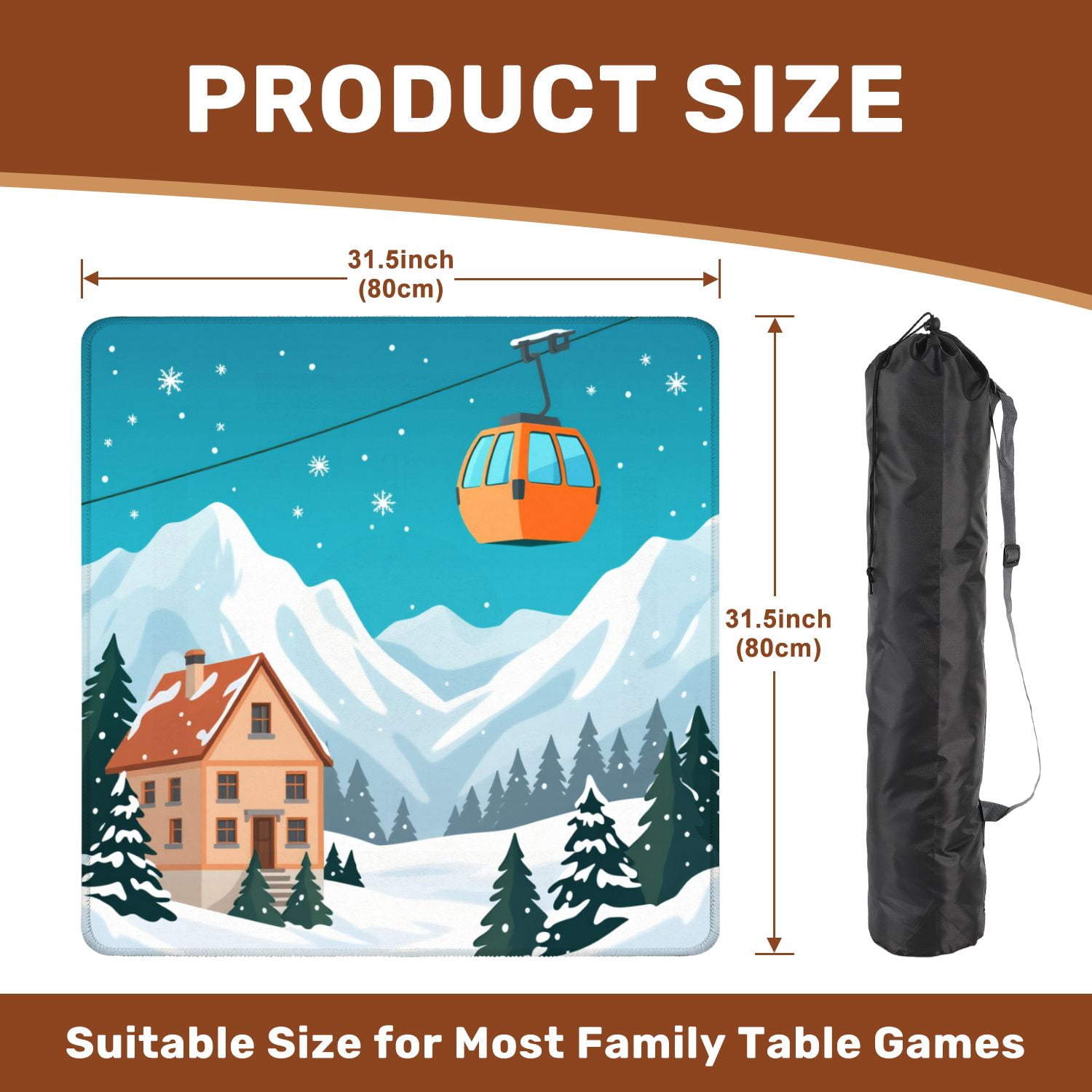 Mahjong Mat 31.5" x 31.5" Ski resort red gondola lift chalet mountain landscape Non-Slip Noise Reduction American Mahjong Tiles Table Cover for Dominoes Poker Card Board Games Gift