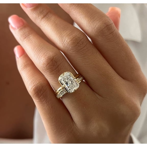 Jewelerix Elongated Cushion Cut Moissanite Engagement Ring Set, Hidden Halo Bridal Wedding Ring Set, 14K Vermeil Yellow Gold Stackable Promise Ring, Unique Anniversary Gift