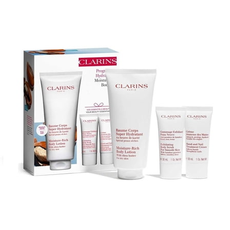 Clarins Moisturizing Body Set 6.5 lotion  1.0 scrub  hand nail treatment NIB