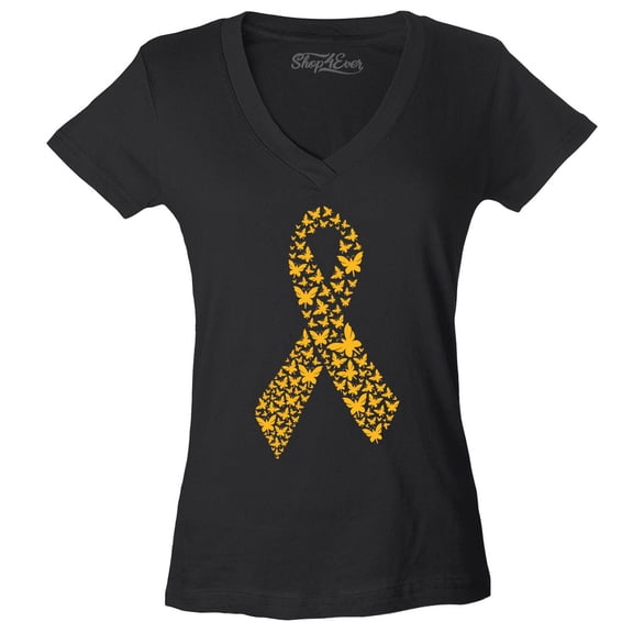 Shop4Ever Women's Gold Butterfly Ribbon Childhood Slim Fit V-Neck T-Shirt Large Black