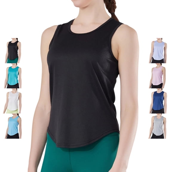 TGSLY Racerback Tank Top for Women Crew Neck Solid Color Athletic Sleeveless Shirts Breathable Casual Curved Hem Summer Gym Yoga Blouses S