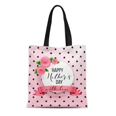 SIDONKU Canvas Tote Bag Happy Mother Day Roses Lettering Ribbon Dotted Best Mom Durable Reusable Shopping Shoulder Grocery