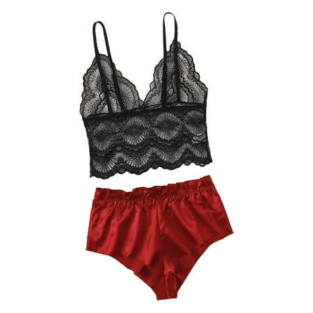 Elainilye Fashion Womens Lingerie Set Corset Lace Free Wire Racy Muslin Sleepwear Underwear Tops with Briefs Red