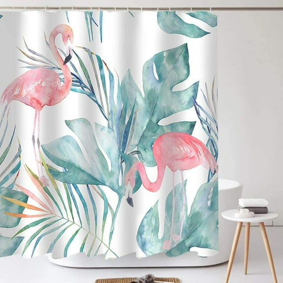 Tropical Pink Flamingo Shower Curtain with Hooks, Teal Palm Leaves Modern Style Waterproof Fabric Bathroom Decor Set 72X72 Inch