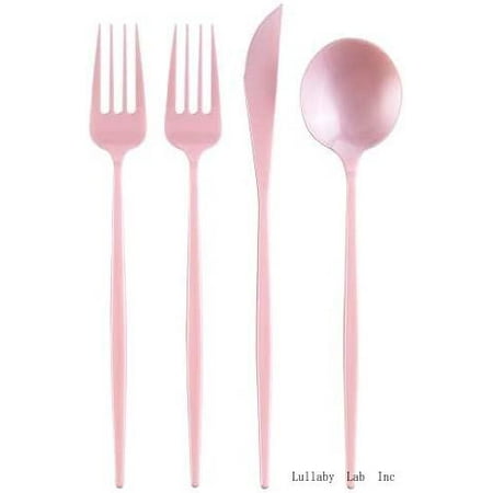 

Sleek Design Disposable Flatware Set For Baby Shower (96 PC) Plastic Silverware Set For 24-24 Plastic Spoons 24 Knives 48 Forks - Heavy Duty Disposable Cutlery Set - Opulence Collection - Blush