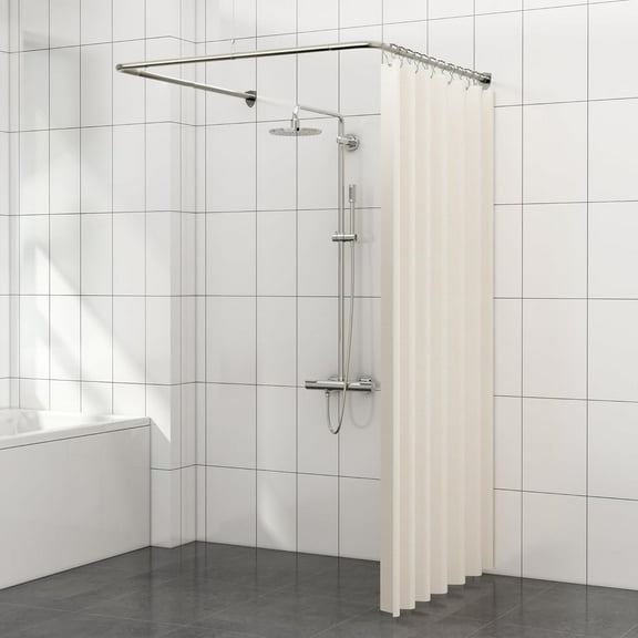 U Shaped Shower Curtain Rod, Adjustable Corner Shower Curtain Rod for Bathroom, Clothing Store,Stainless Steel with 12 Ring Hooks & Ceiling Support [Both Sides: 23.6"-52", Middle: 31"-46.7"] (Silver)