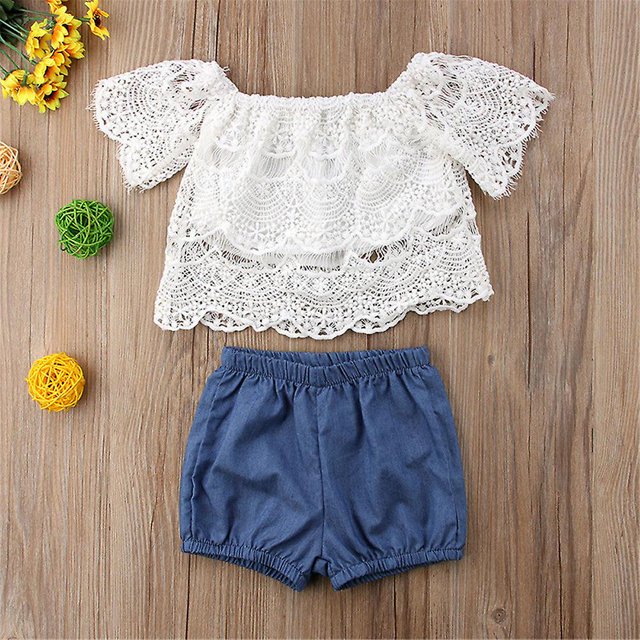 Conjunto de playa de verano para niñas y niños, Top corto de encaje con hombros descubiertos, falda y pantalones cortos, conjunto informal de vestido de princesa, ropa LingWen 8390611483142
