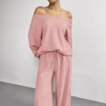 thumbnail image 5 of VV AVEORS Women 2 Piece Outfit Matching Sweat Sets Off The Shoulder Knit Set Lounge Top Wide Leg Sweatpants Tracksuit Pink L, 5 of 8