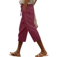 thumbnail image 3 of QATAINLAV Capris for Women with Pockets Linen Summer Trendy Beach Slacks Drawstring High Waist Side Lace Cropped Trousers Wine XL, 3 of 6