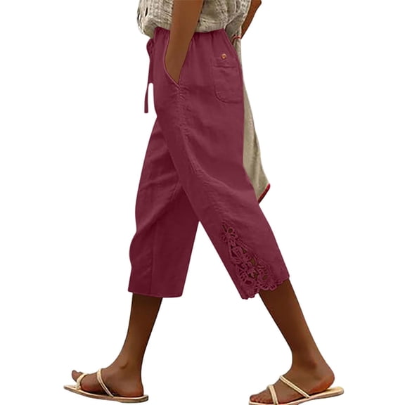 Floleo Womens Relaxed Bandage Cropped Capris with Pocket Button Waist Comfortable Solid Casual Pants for Daily Wear Seaside Holidays Outing Versatile All Season Outfits(Wine,XL)