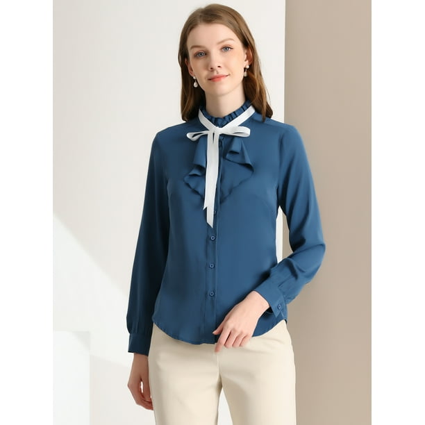 Unique Bargains Women's Ruffled Work Office Stand Collar Chiffon Blouse 