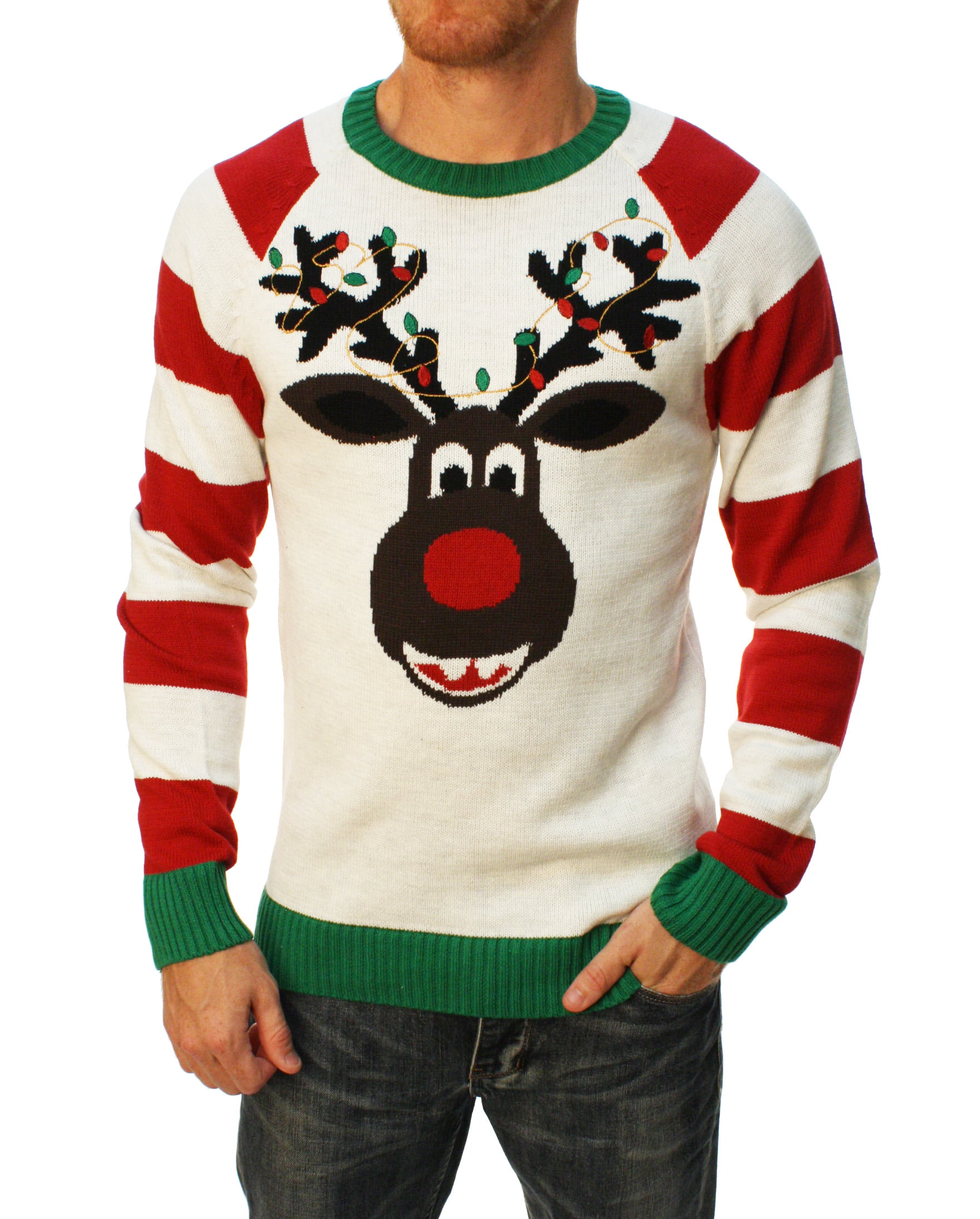 XQS Mens Christmas Reindeer Knitted Crew Neck Slim Long Sleeved Sweaters 
