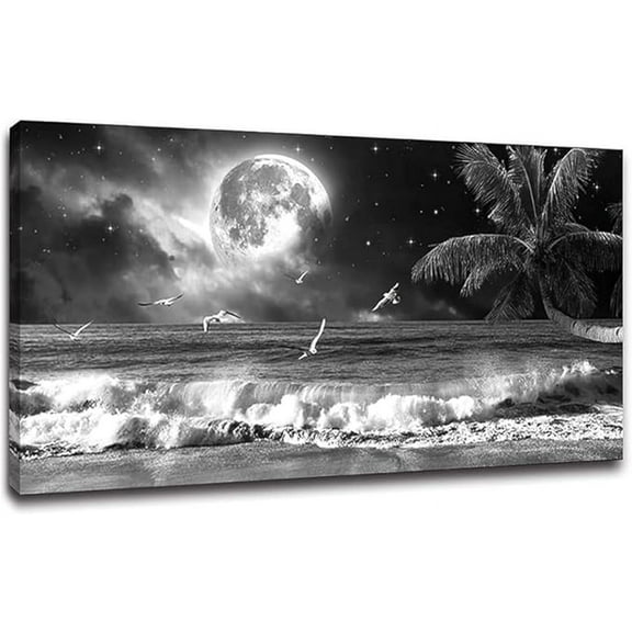Aaheei Black and White Ocean Wall Art Moon Sea Beach Canvas Print Art Ocean Paintings Seascape Poster Wall Pictures Landscape Palm Artwork for Wall Living Room Decor