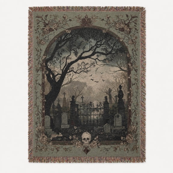 Gothic Cemetery in Muted Gray and Sage Woven Throw Blanket, 100% Cotton with Fringed Edges, Home Decor