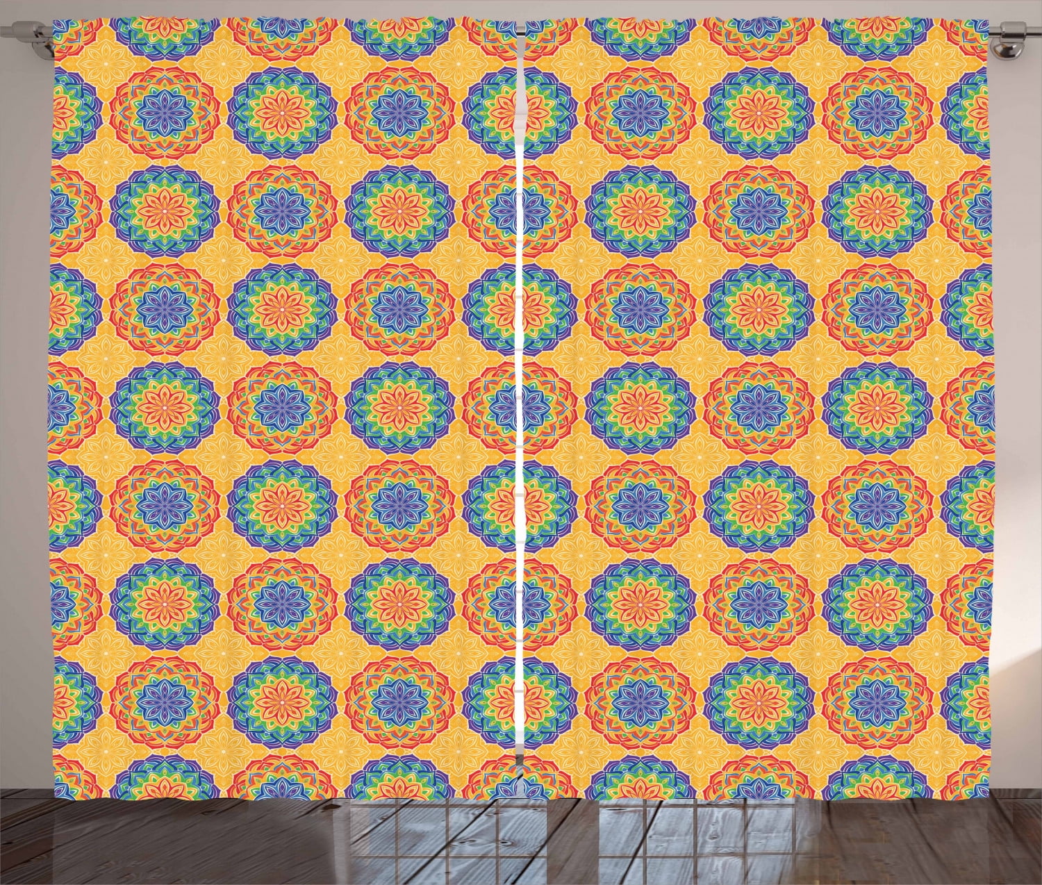 Rainbow Mandala Curtains 2 Panels Set Traditional Flower Pattern Oriental Middle Eastern Culture Elements Exotic Window Drapes For Living Room