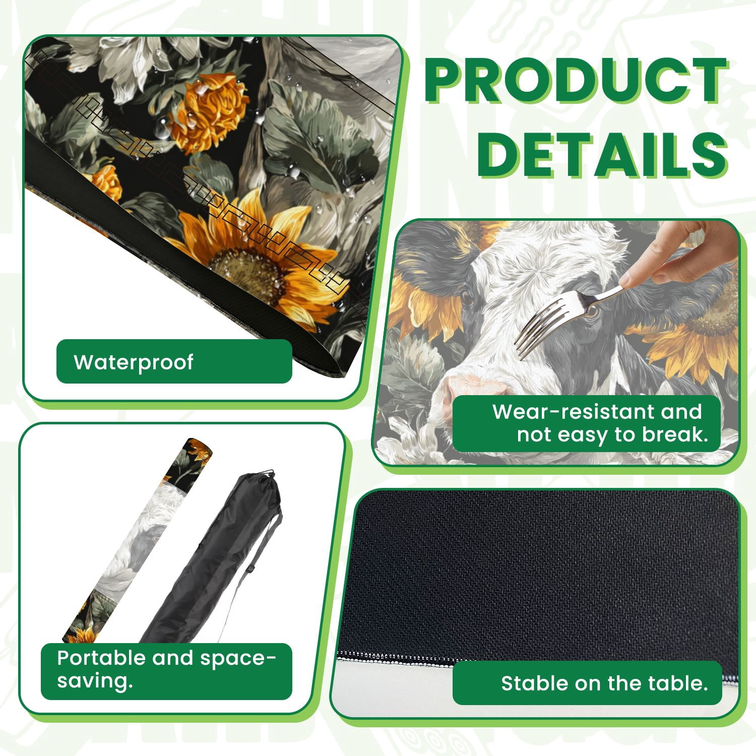 Mahjong Mat 31.5" x 31.5" Black White Cow Print Sunflowers seamless Non-Slip Noise Reduction American Mahjong Tiles Table Cover for Dominoes Poker Card Board Games Gift