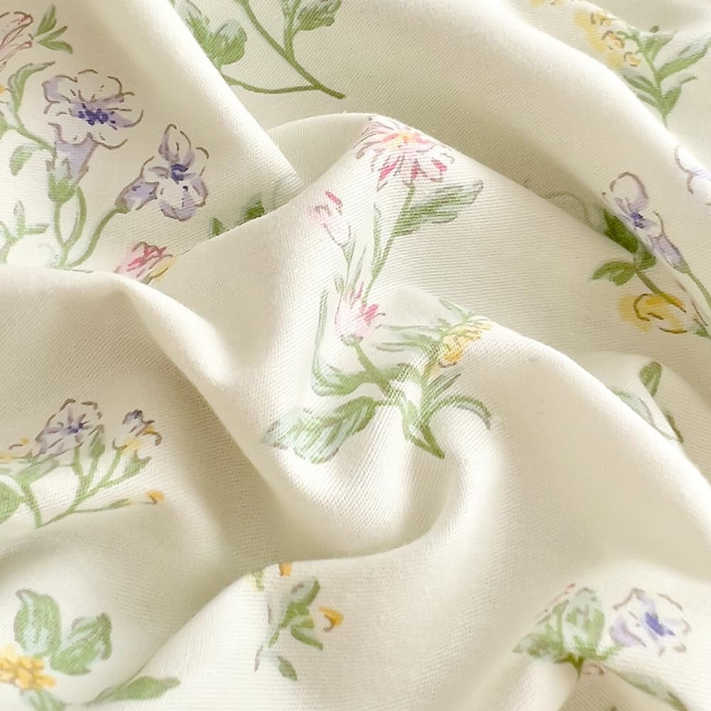 Nayoroom 100% Organic Cotton Duvet Cover Set, 3 Pieces White with Green Leaves Pink Flowers Pattern Reversible Soft Bedding Set King