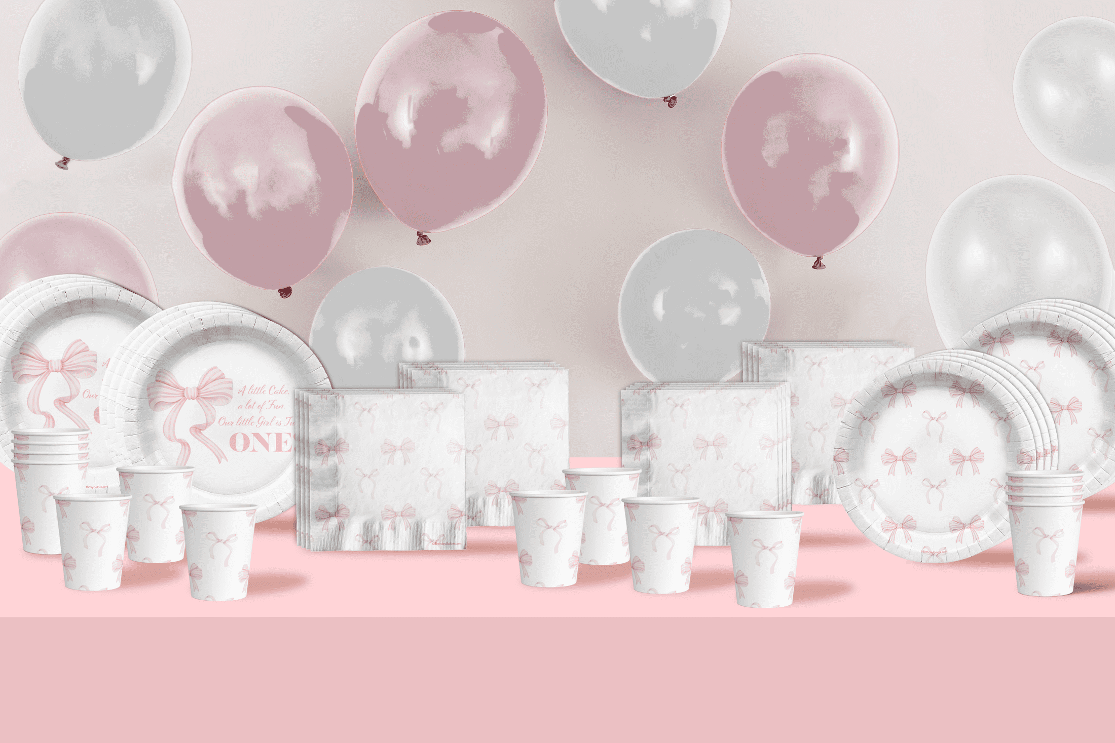 Pink Bows 1st Birthday Party Supplies - 64 Piece First Birthday Tableware Set Includes Large 9" Dinner Plates and 8" Dessert Paper Plates Napkins Cups - Kit for 16