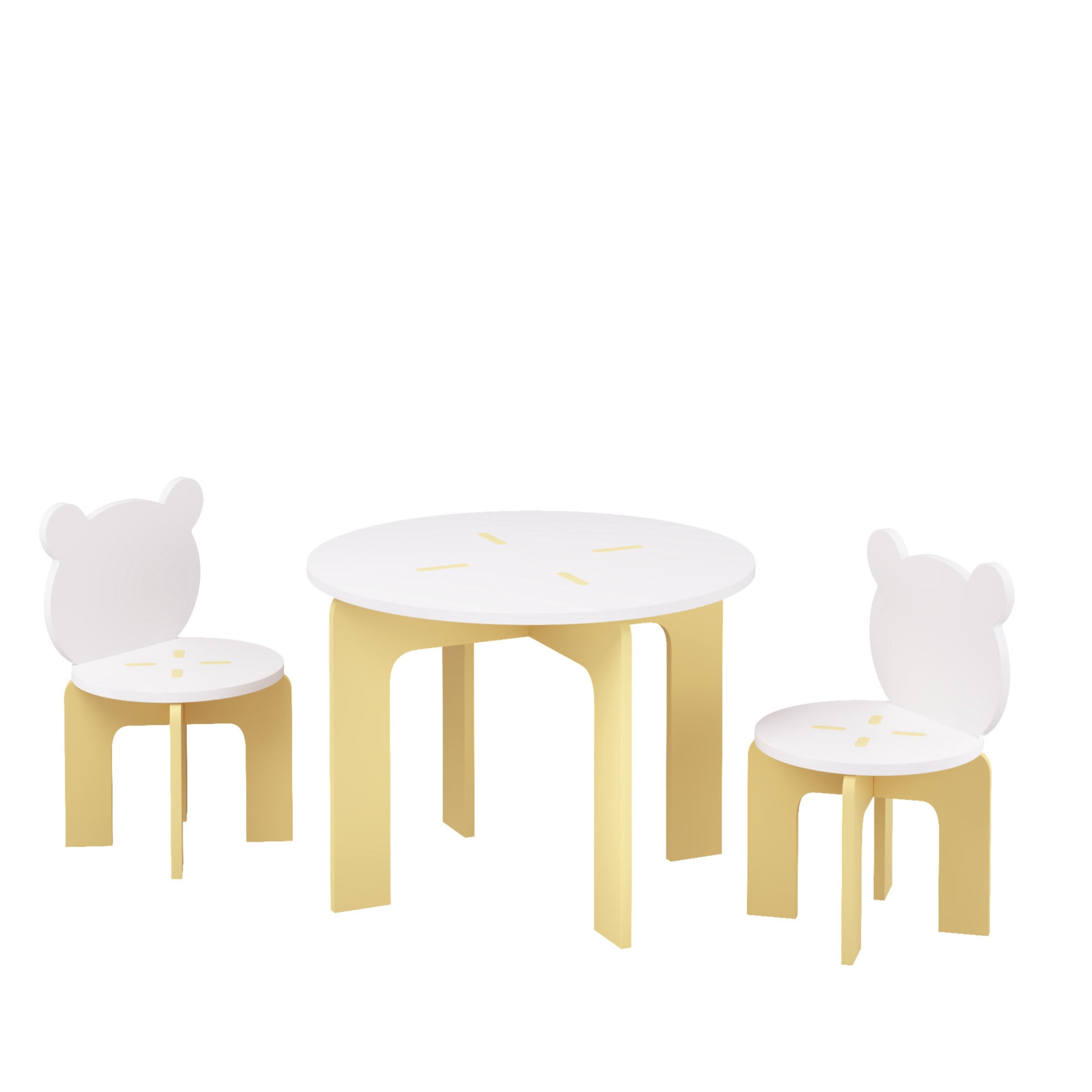 Noble House Kids Table and 2 Bear Chairs Set, 3-Piece Wooden Toddler Activity Table with Chairs, White and Yellow