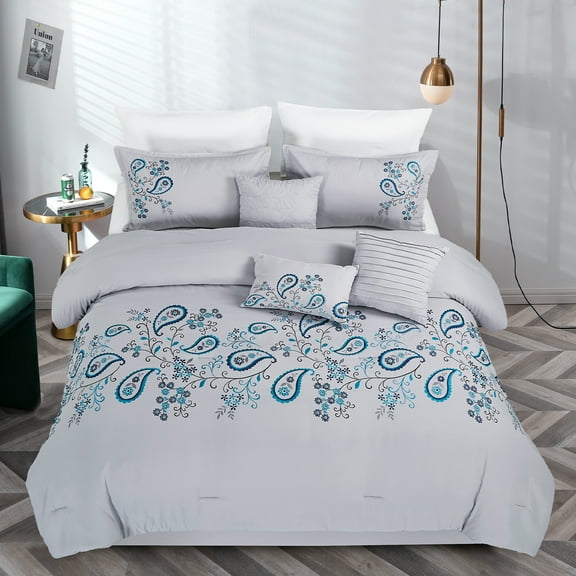 JML 7 Pcs All Season Soft Microfiber Bed in a Bag Comforter Set with Embroidery Design, Adult Queen