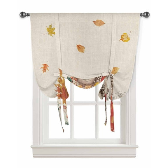 Fall Hedgehog Tie Up Curtains for Kitchen Bathroom Bedroom Windows 45 Inch Length, Maple Leaf Pumpkins Thanksgiving Rustic Balloon Drape Curtains Shade Rod Pocket Drapery Curtain Panel, 42"x45"