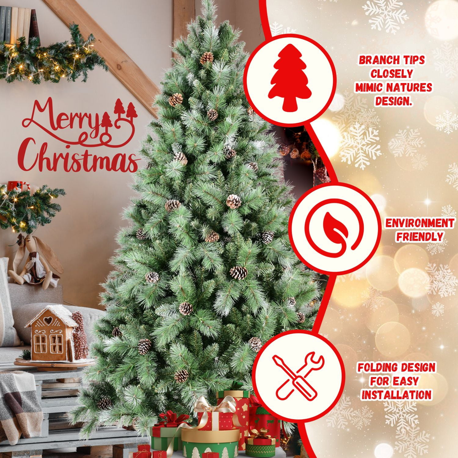 5FT Christmas Tree with 51 Pine Cones – 694 Tips, Mixed PVC & Hard Needle Branches, Hinged Structure for Easy Setup, Sturdy Metal Stand – Realistic Full Holiday Tree