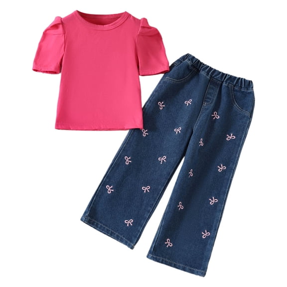 Tiweut Outfits for Girls Puff Sleeve Tee and Jeans Kids Elegant Bow Clothes Set,4 Y