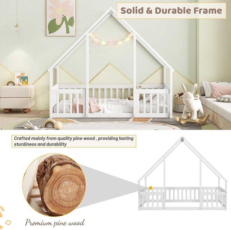 Duxelifin Twin Size House Floor Bed Frame with Triangular Roof and Fence Rails, Wooden Floor Bed Frame Girls,Boys, Montessori Floor Bed, Easy Assembly（White）