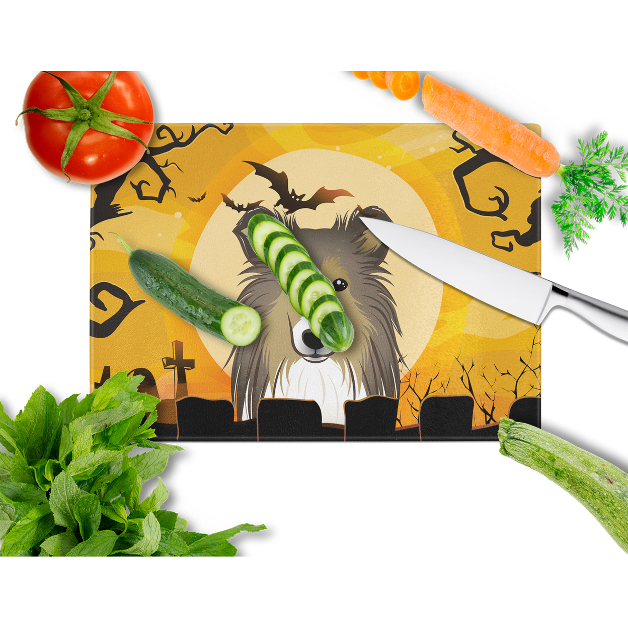 Halloween Sheltie Glass Cutting Board Large