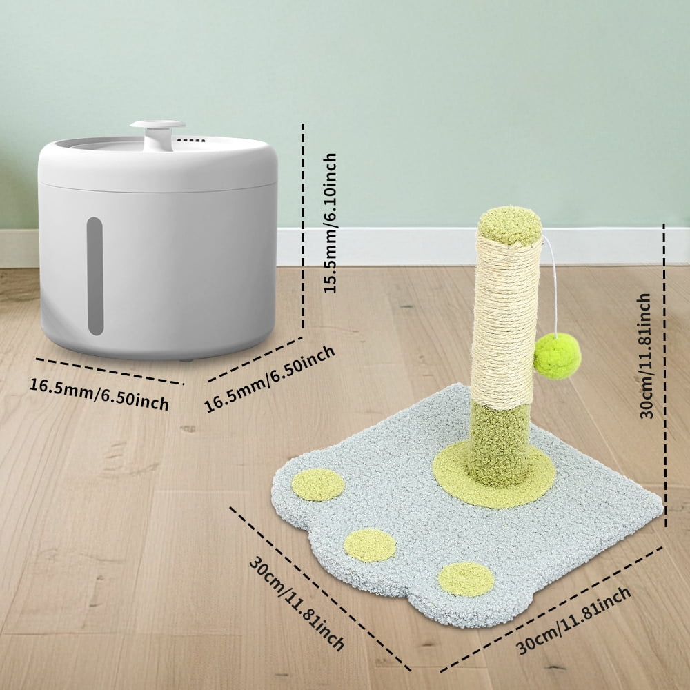 Circulating Cat Water Fountain + Scratching Tower, Ultra Quiet Drinking Dispenser with Ripple Basin, Designed to Increase Hydration for Cats & Small Animals (2000ML)