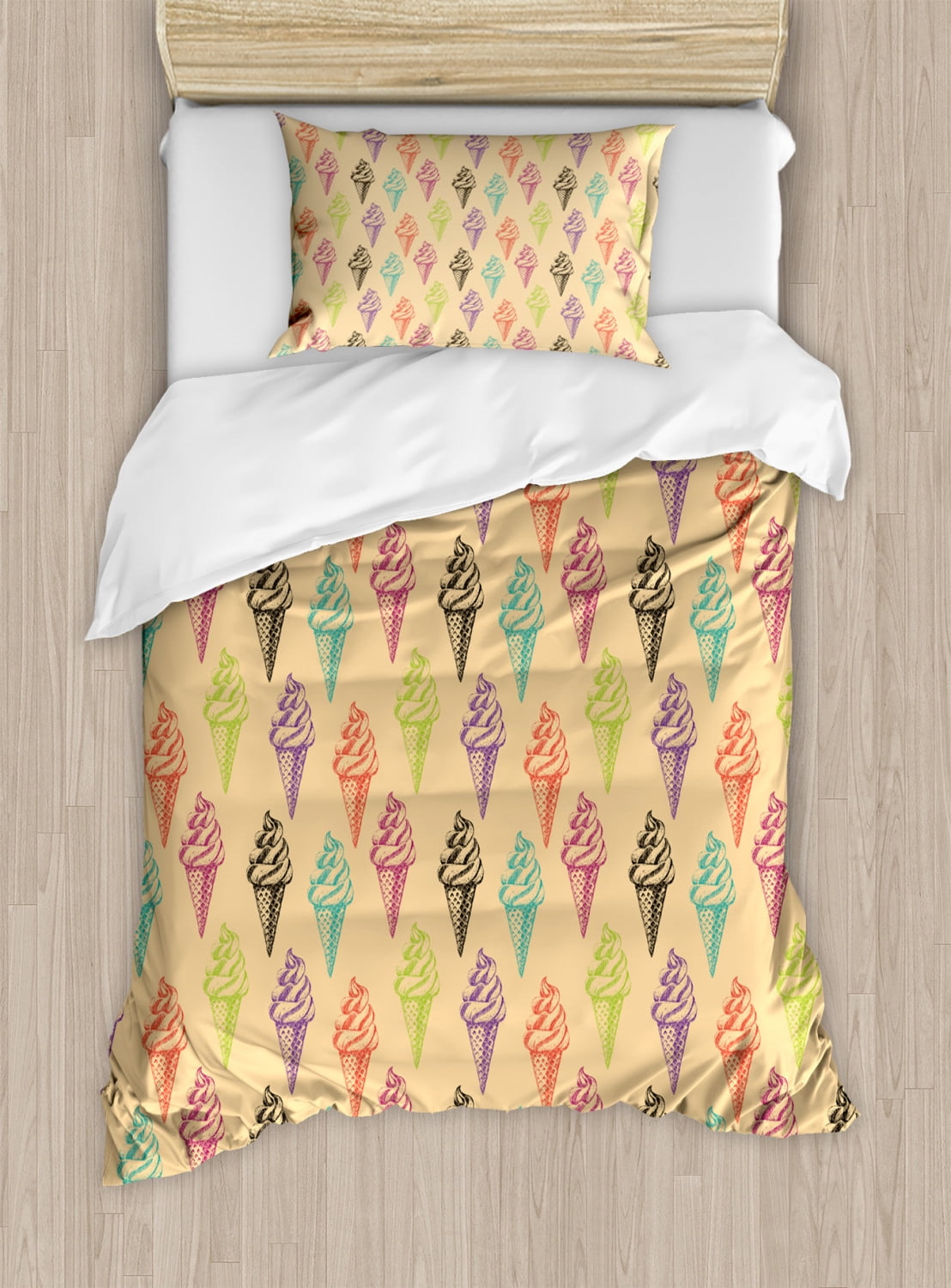 Ice Cream Duvet Cover Set Twin Size, Modern and Stylized Cone Icons