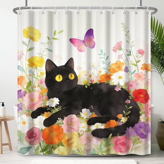 Black Cat Shower Curtain Watercolor Floral Butterfly Bathroom Decor Fabric 71x71 inches