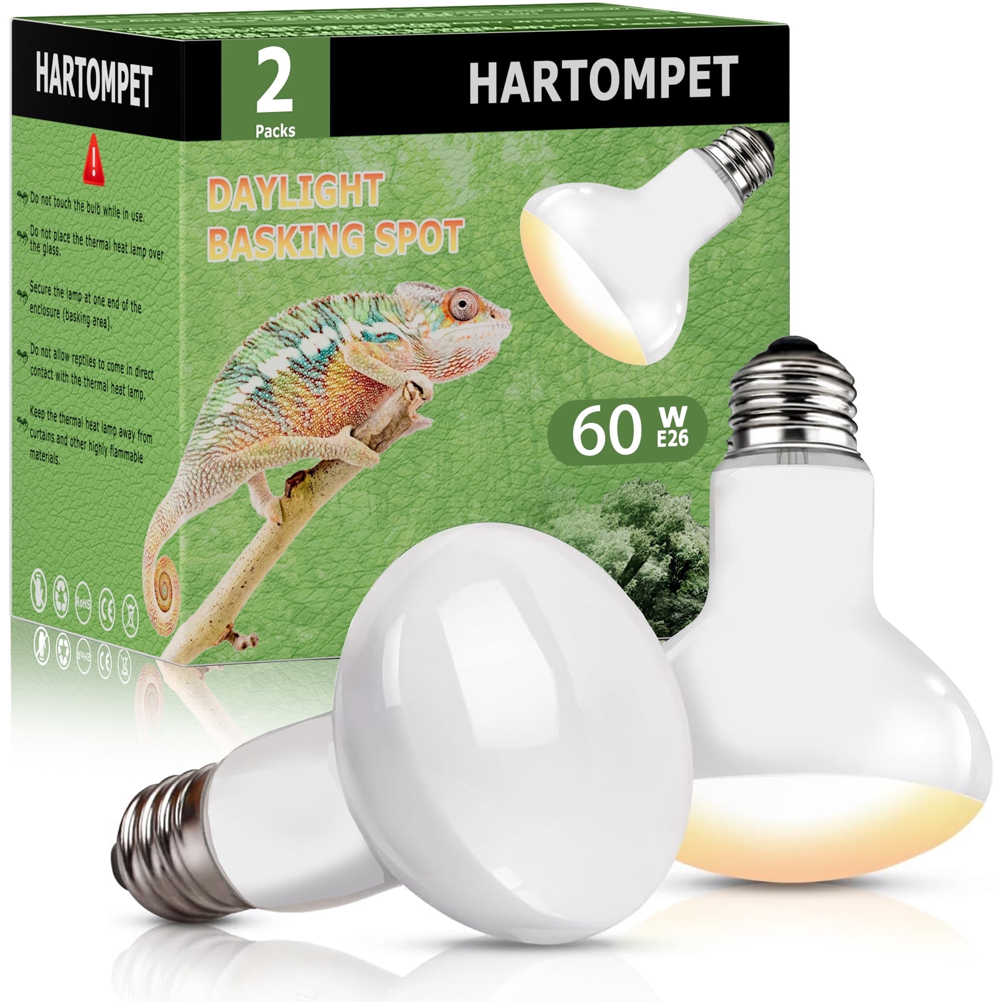 HARTOMPET 60W E26 Reptile Heat Lamp Bulbs, Upgraded Daylight Heat Bulb for Pet Amphibian, 2 Packs