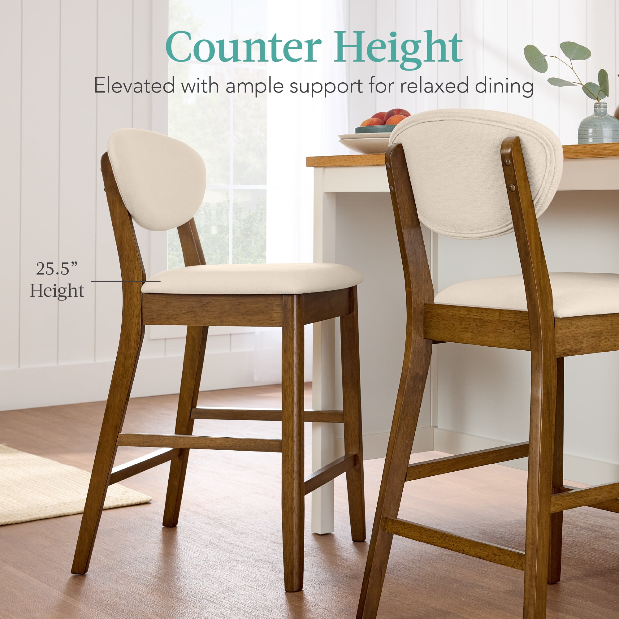 Best Choice Products Set of 2 Counter-Height Bar Stools, Armless W/Upholstered Seat Cushion & Backrest - Walnut/Cream
