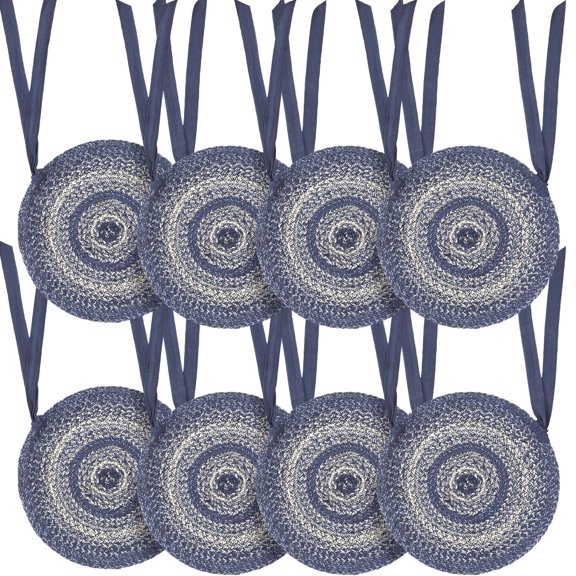 VHC Brands Great Falls Blue Round Seat Cushion Chair Pad, Blue White, Jute Blend with Ties, 15x15 Inches, Set of 8