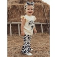 thumbnail image 5 of BemeyourBBs Toddler Baby Girls Western Cowgirl Outfits Spring Summer Clothes Cow Print Bow Flying Sleeve Tops with Bell Bottom Flare Pants Set Headband, 5 of 9