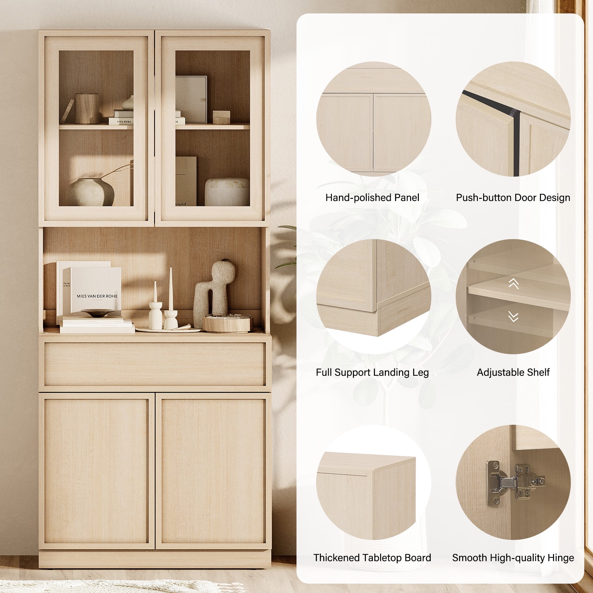 Modern Wood Sideboard Buffet with Glass Doors, Drawers & Adjustable Shelves, 72" Tall Glass Display Storage Cabinet,Beige