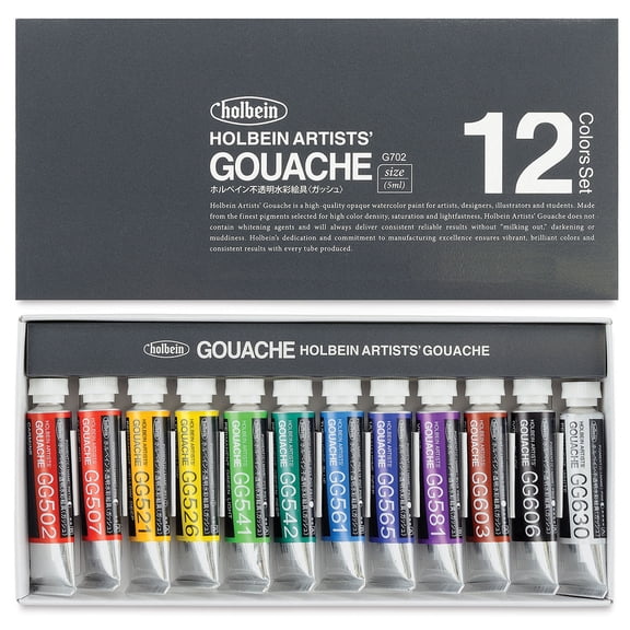 Holbein Artists' Gouache - Set of 12, Assorted Colors, 5 ml Tubes