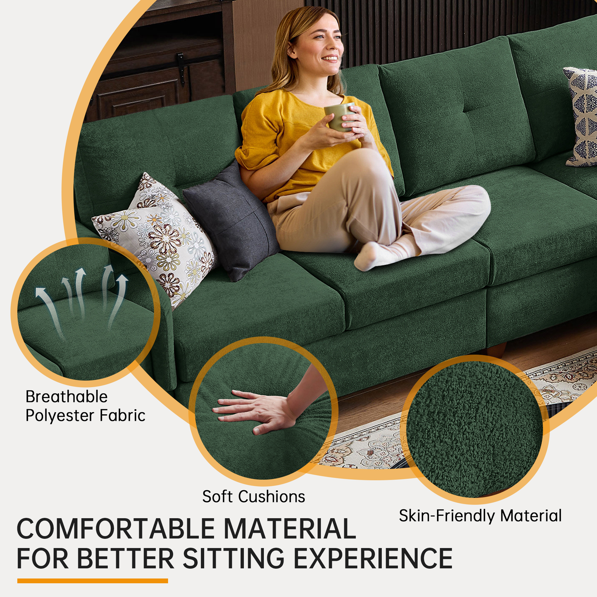 Jarenie HOME Corner Armchair, Convertible Sectional Sofa with Storage, 4 Seat L Shaped Couch, Modern Microfiber Fabric