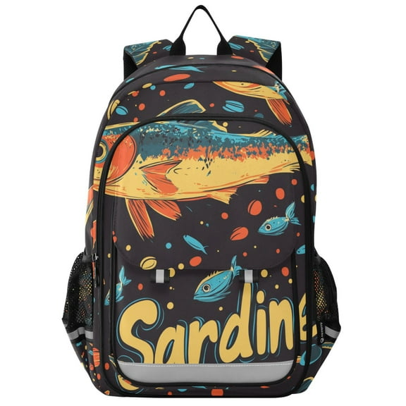 FORMRS School Backpack 17" Student Travel Bag with Laptop Compartment, Black Sardines Pattern