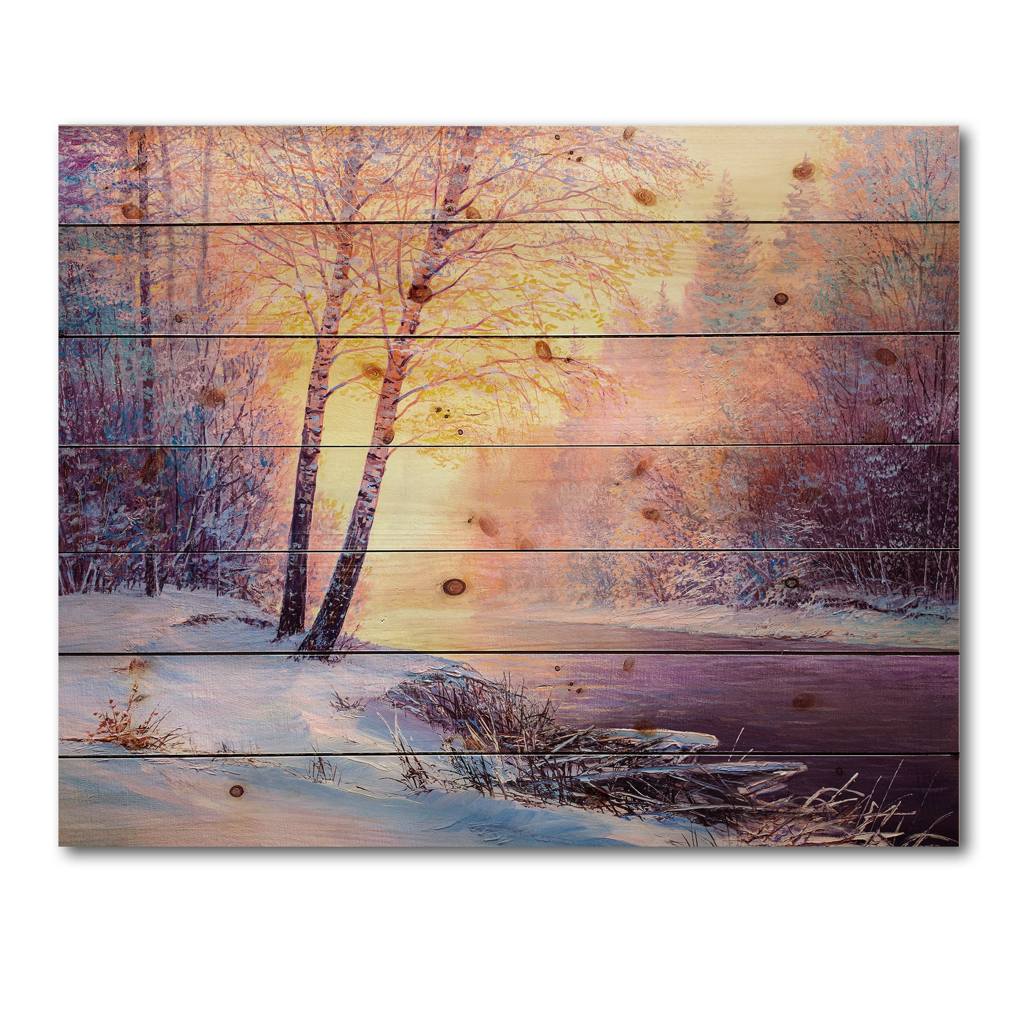 Designart 'Bridge Of Meandering River With Winter Scenery II' Lake House Print on Natural Pine Wood