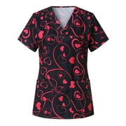 TopLLC Valentine's Print Nurse Uniforms for Women, Breathable Patterned Scrub_Top Short Sleeve V-Neck Plus Size Shirts Tee Tops with Pockets for Couples Gifts
