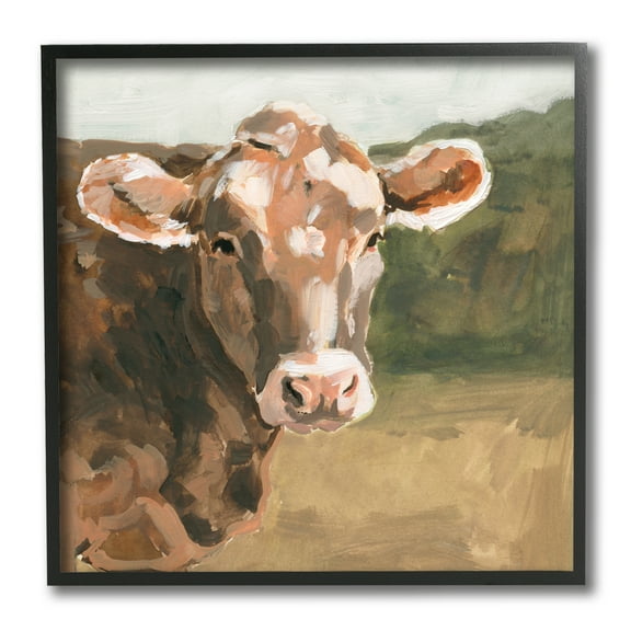 Stupell Industries Soft Country Meadow Cow Quaint Farm Animal Animals & Insects Painting Black Framed Art Print Wall Art, 12 x 12