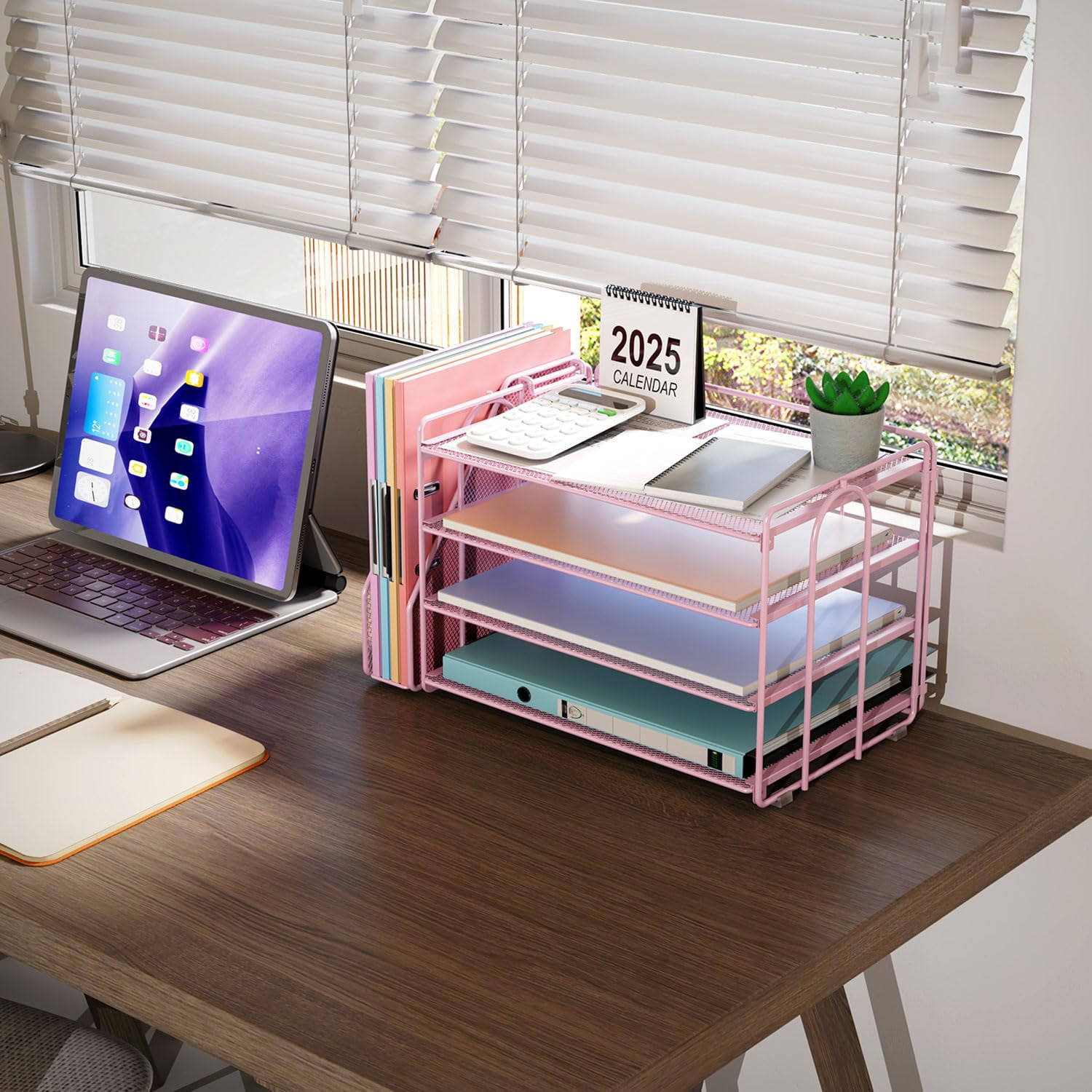 4-Tier Paper Organizer with Magazine Holder Desk Organizer File Storage for Office Supplies Workspace Accessories Black