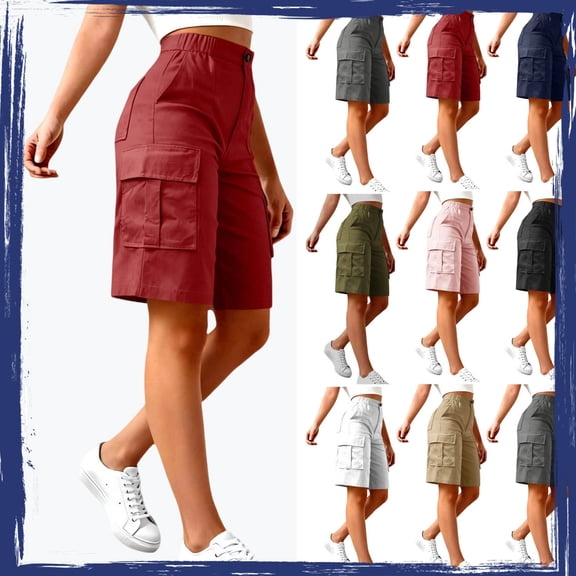 YgkuHd Women's Elastic Waist Cargo Shorts, Button Zipper Fly Multi-Pocket Knee-Length Casual Hiking Shorts for Outdoor & Daily
