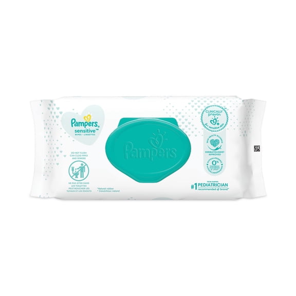 2PC Pampers Sensitive Baby Wipes, 1-Ply, 6.8 x 7, Unscented, White, 56/Pack