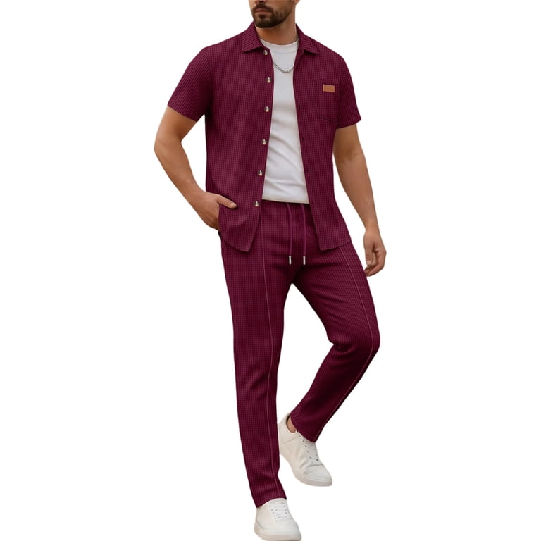 Vbtapa Men's Waffle 2 Piece Outfits Short Sleeve Button Down Shirts Cargo Joggers Sweatpants Suit Solid Casual Tracksuit Sets with Pockets Wine S,