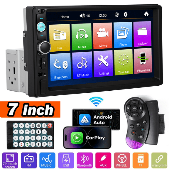 WOLFWO 7" Touch Screen Car Radio Stereo, Single Din 1 Apple/Android Wired CarPlay, Mirror Link, 7-Color Display, Bluetooth