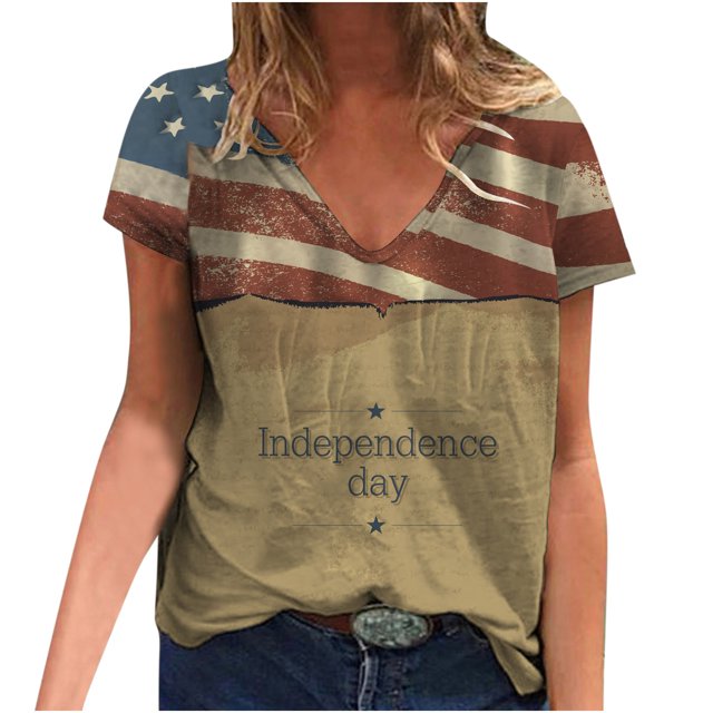 Hauts d'Été pour Femmes Col en V Étoile Rayures Imprimé Drapeau Manches Courtes Blouse Décontractée Ample Sortie Vacances Tee-Shirts